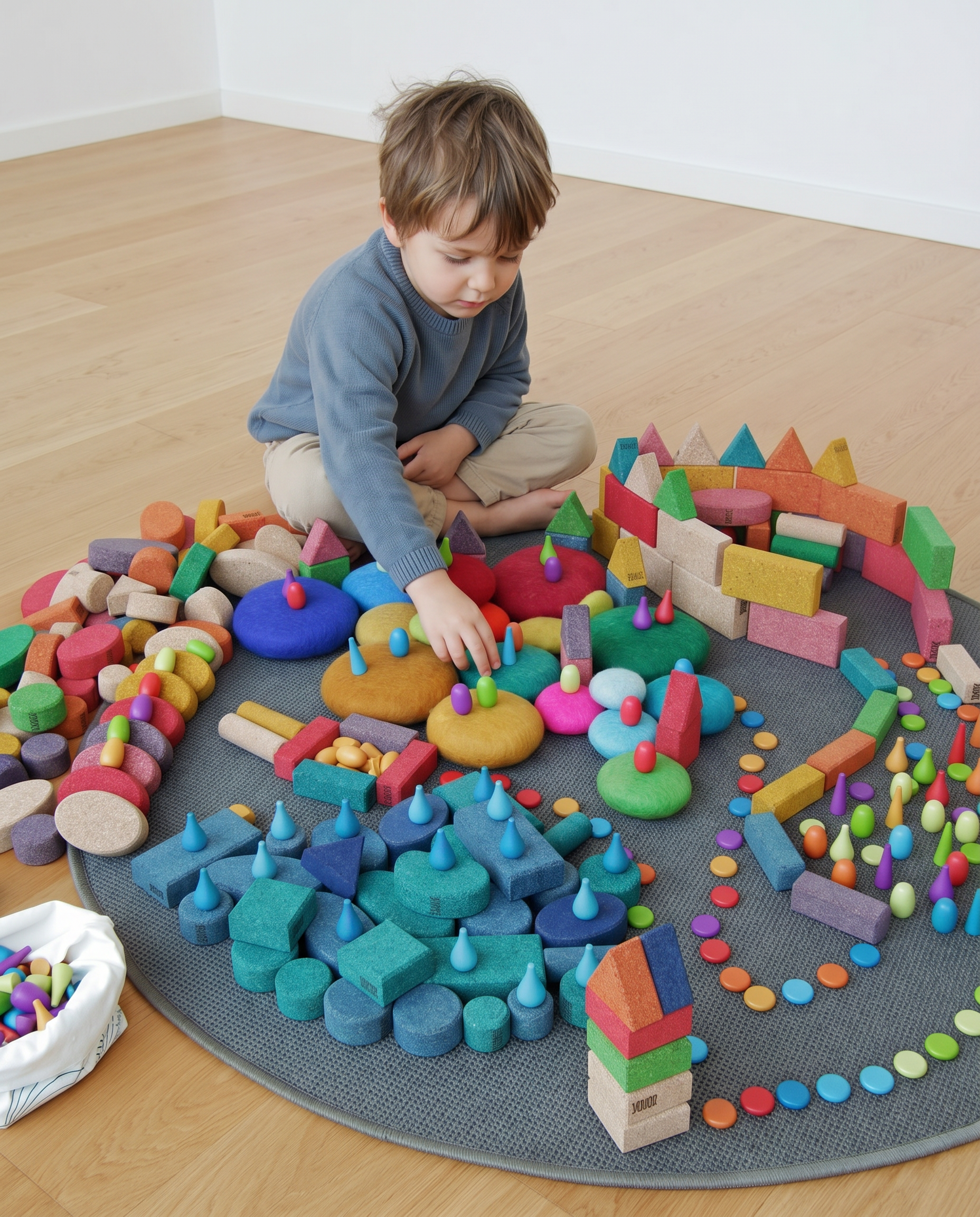 Konstruktions- und Legematerial für freies Spiel im Kindergarten mit Holz, Kork, Filz und Spielteppich als Set